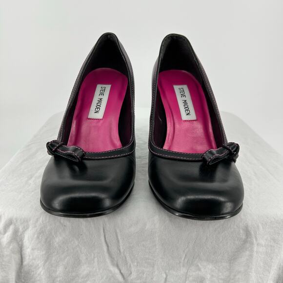 Vintage y2k Womens Black Leather Upper Steve Madden Glare Bow Heel Pumps Sz 6.5M - Picture 3 of 9